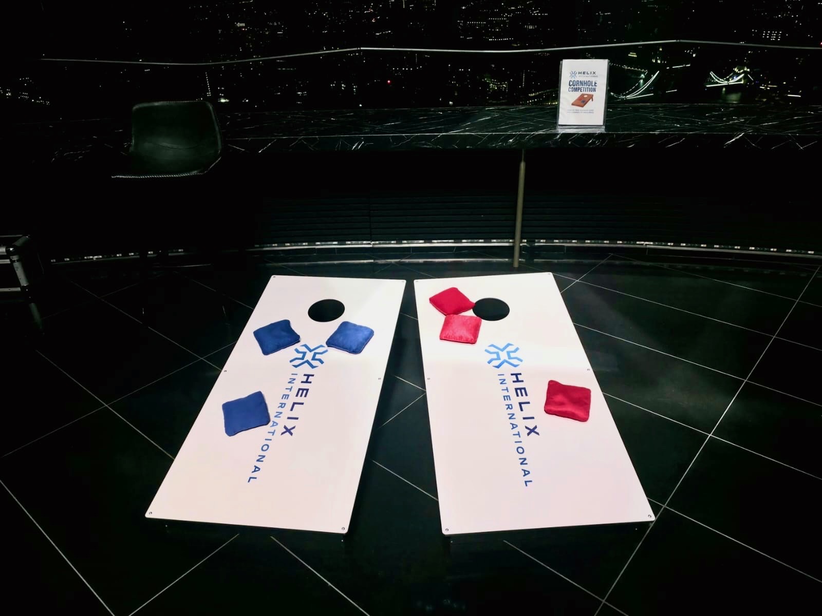 Branded Cornhole game for Helix International company launch at The Gherkin in London
